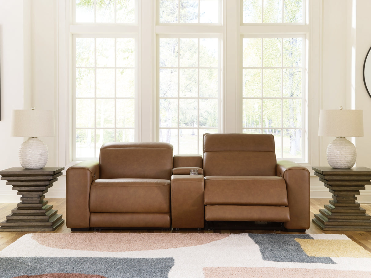 Magic Man Caramel 2-Piece Power Reclining Loveseat with Console from Ashley Furniture - Luna Furniture