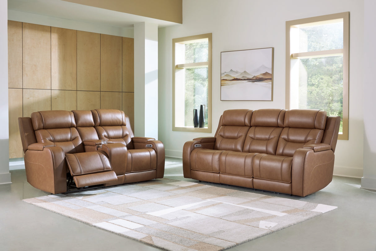 Knightington Caramel Power Reclining Sofa and Loveseat with Audio Seating from Ashley - Luna Furniture