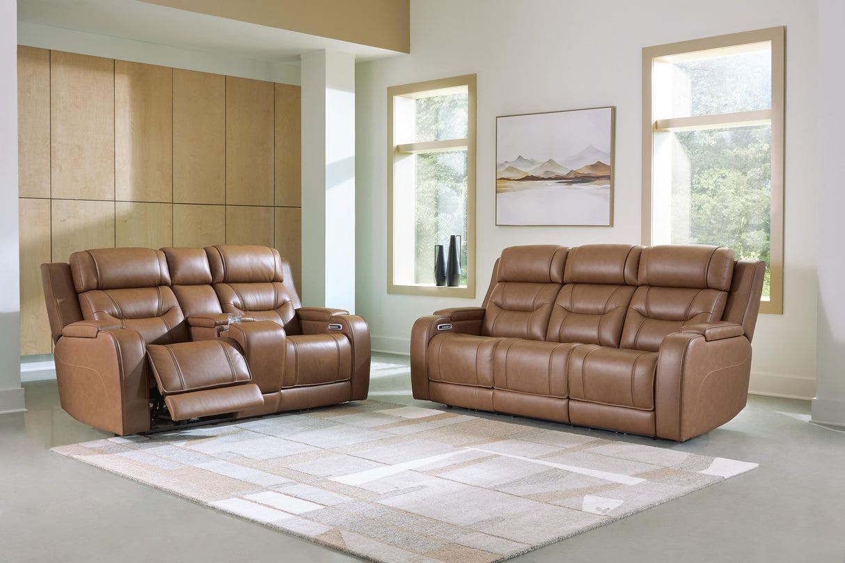 Knightington Caramel Power Reclining Sofa and Loveseat with Audio Seating from Ashley - Luna Furniture