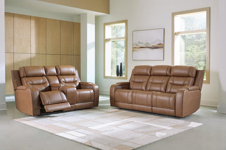 Knightington Caramel Power Reclining Sofa and Loveseat with Audio Seating from Ashley - Luna Furniture