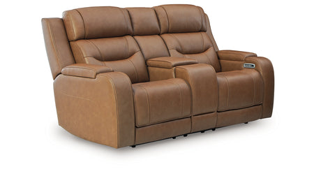 Knightington Caramel Power Reclining Loveseat with Audio Seating from Ashley Furniture - Luna Furniture
