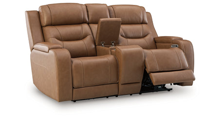 Knightington Caramel Power Reclining Loveseat with Audio Seating from Ashley Furniture - Luna Furniture