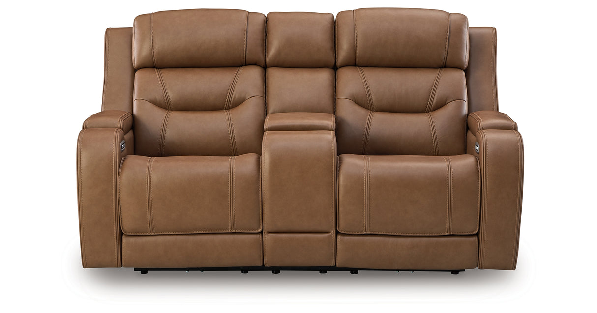 Knightington Caramel Power Reclining Loveseat with Audio Seating from Ashley Furniture - Luna Furniture
