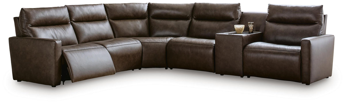 ModZ Chocolate 6-Piece Power Reclining Sectional with Audio Console from Ashley - Luna Furniture