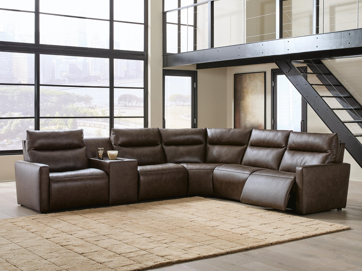 ModZ Chocolate 6-Piece Power Reclining Sectional with Audio Console from Ashley - Luna Furniture