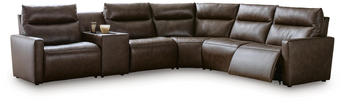ModZ Chocolate 6-Piece Power Reclining Sectional with Audio Console from Ashley - Luna Furniture