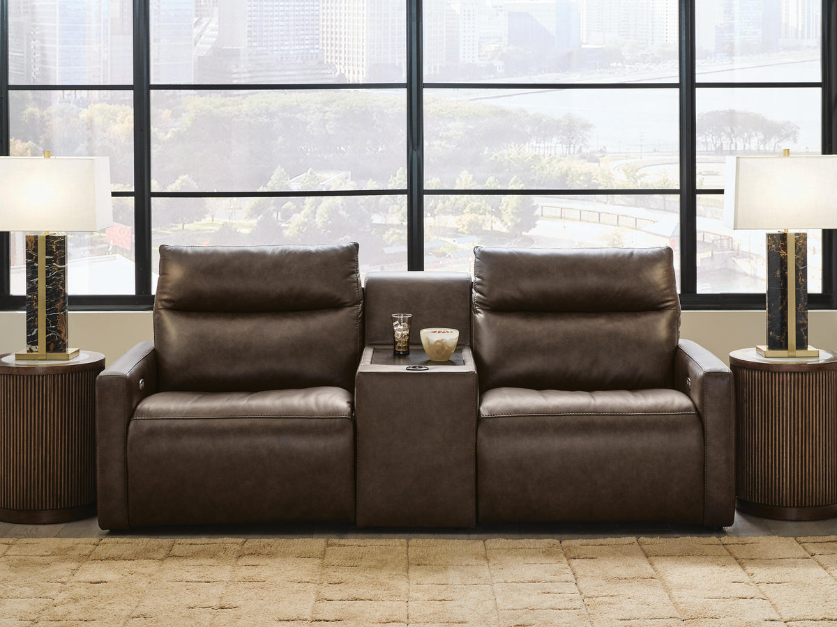 ModZ Chocolate 3-Piece Power Reclining Sectional Loveseat with Audio Console from Ashley - Luna Furniture