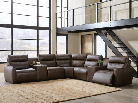 ModZ Chocolate 7-Piece Power Reclining Sectional with Audio Consoles from Ashley - Luna Furniture
