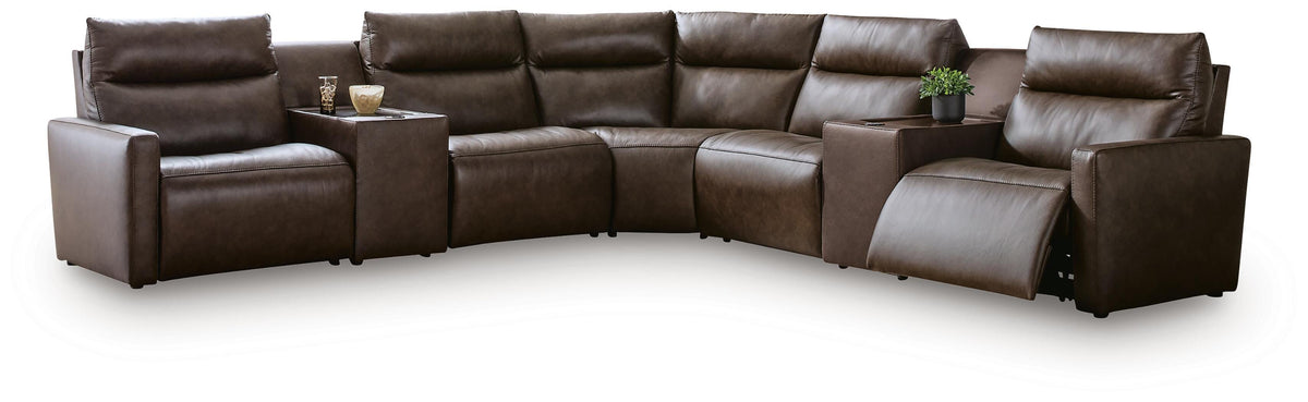 ModZ Chocolate 7-Piece Power Reclining Sectional with Audio Consoles from Ashley - Luna Furniture