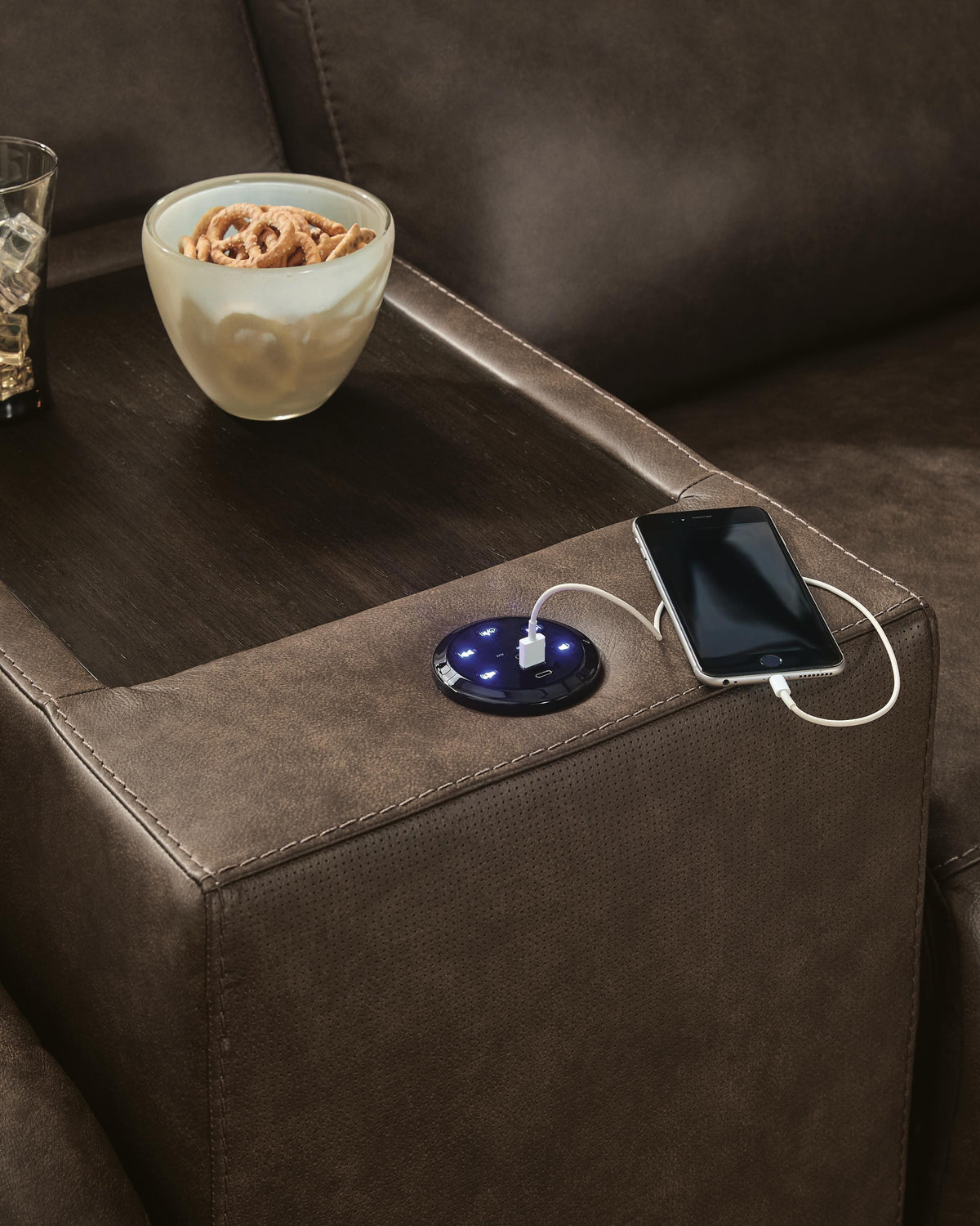 ModZ Chocolate 7-Piece Power Reclining Sectional with Audio Consoles from Ashley - Luna Furniture