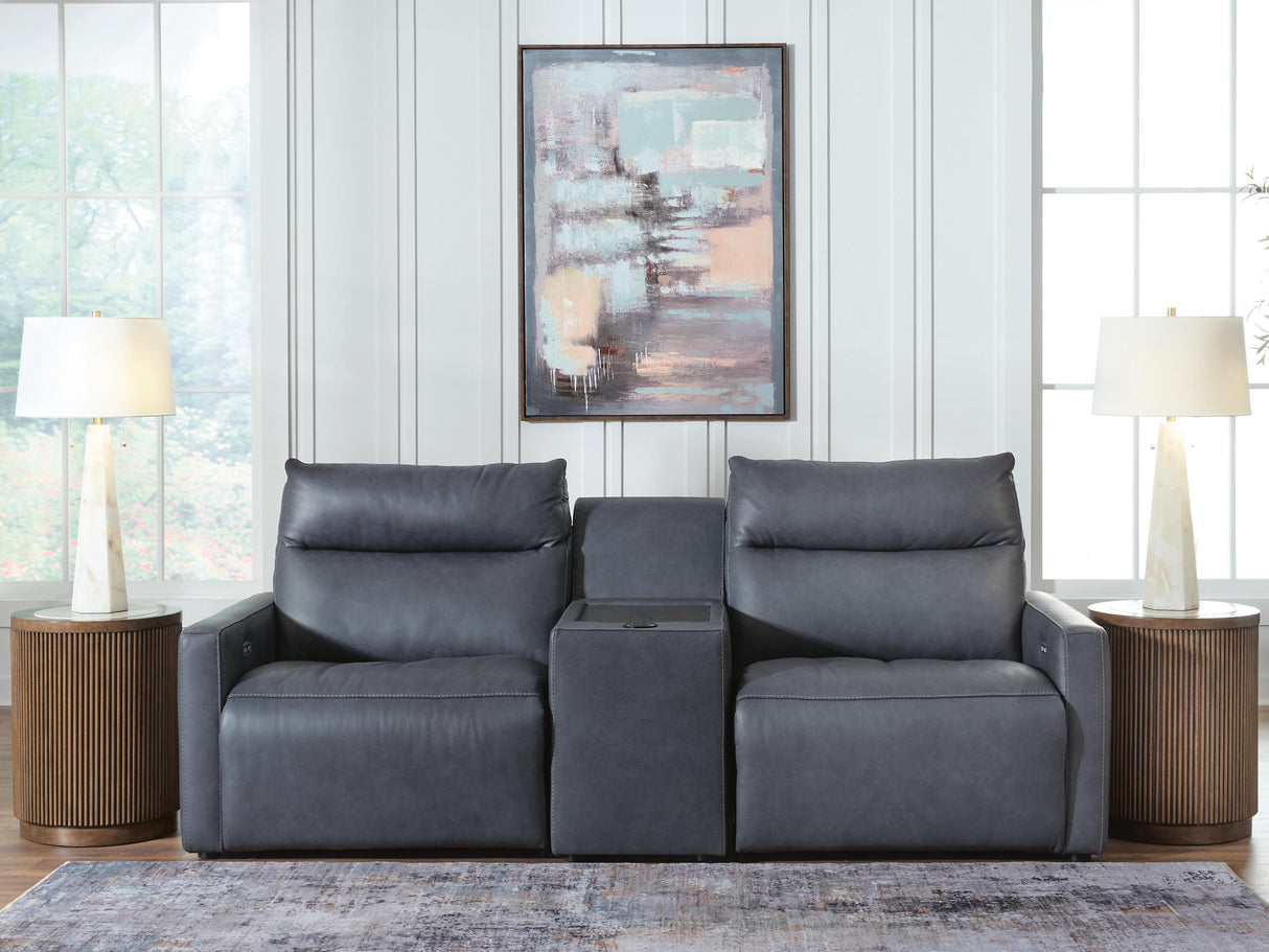 ModZ Blue 3-Piece Power Reclining Sectional Loveseat with Audio Console from Ashley - Luna Furniture