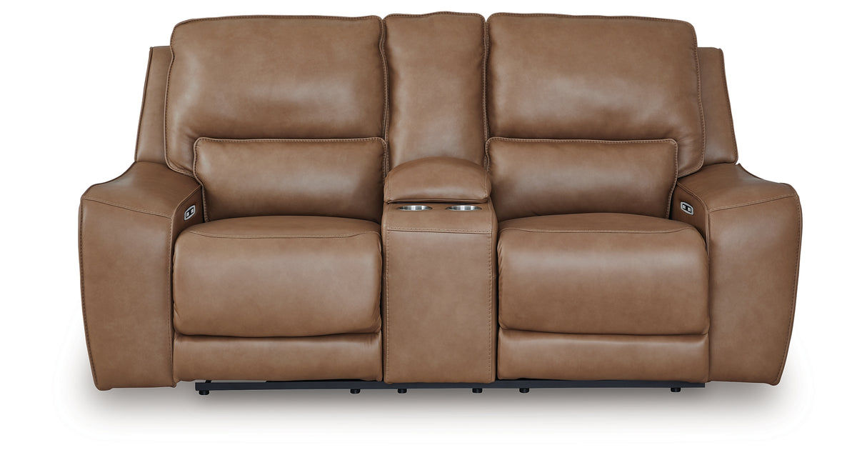 DeepWakes Caramel Power Reclining Loveseat with Console from Ashley Furniture - Luna Furniture