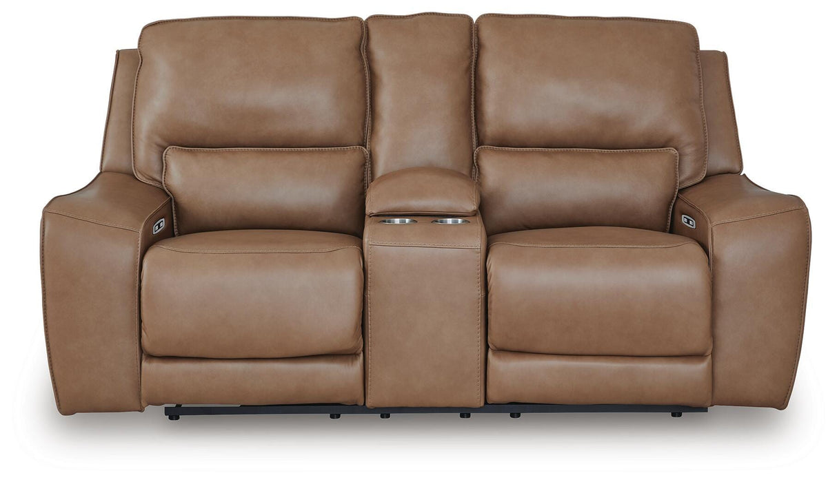 DeepWakes Caramel Power Reclining Loveseat with Console from Ashley Furniture - Luna Furniture