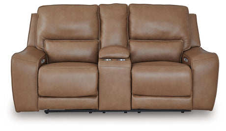 DeepWakes Caramel Power Reclining Loveseat with Console from Ashley - Luna Furniture