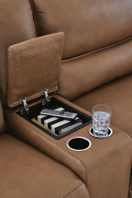 DeepWakes Caramel 5-Piece Reclining Sectional with Storage Consoles from Ashley - Luna Furniture