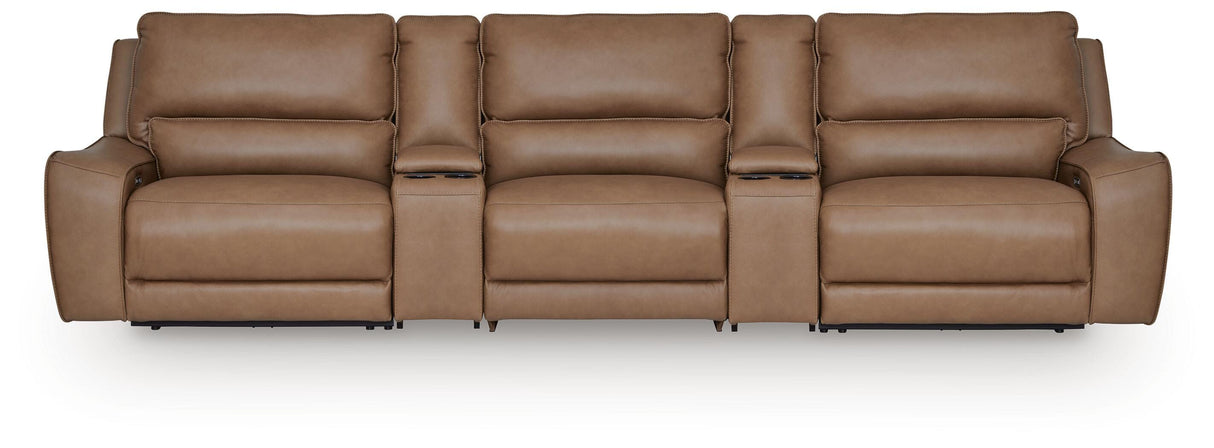 DeepWakes Caramel 5-Piece Reclining Sectional with Storage Consoles from Ashley - Luna Furniture