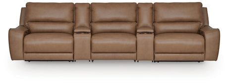 DeepWakes Caramel 5-Piece Reclining Sectional with Storage Consoles from Ashley - Luna Furniture