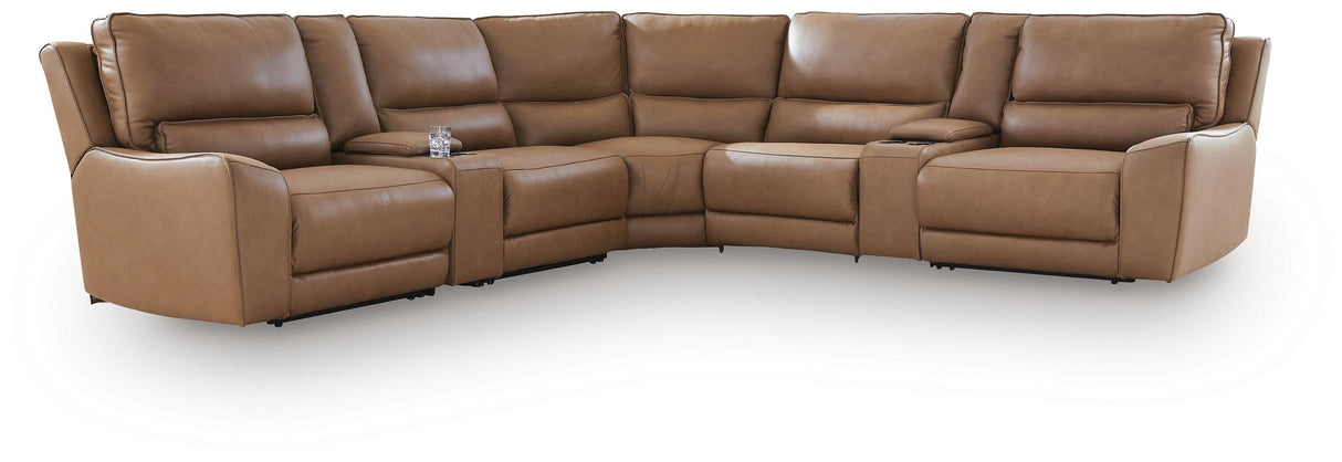 DeepWakes Caramel 7-Piece Reclining Sectional with Storage Consoles from Ashley - Luna Furniture