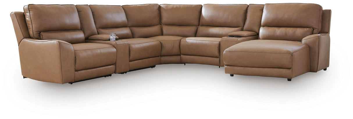DeepWakes Caramel 7-Piece Reclining Sectional with Chaise and Storage Consoles from Ashley - Luna Furniture