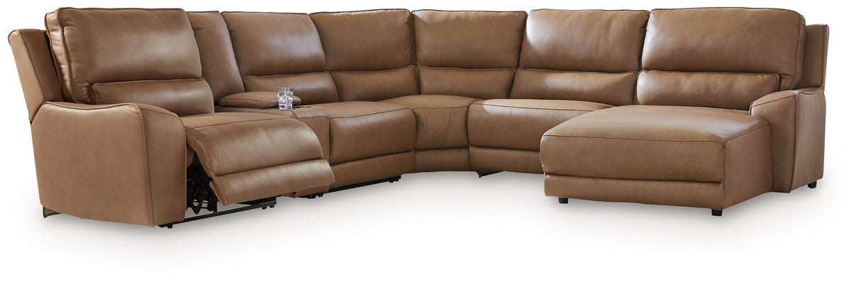 DeepWakes Caramel 6-Piece Power Reclining Sectional with RAF Chaise from Ashley Furniture - Luna Furniture