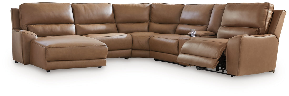 DeepWakes Caramel 6-Piece Power Reclining Sectional with LAF Chaise from Ashley Furniture - Luna Furniture