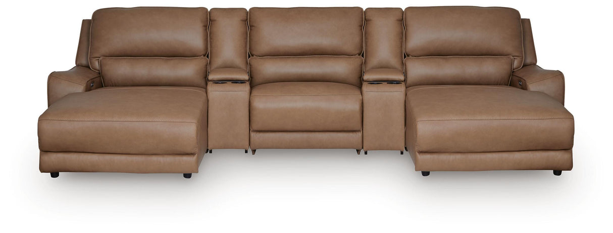 DeepWakes Caramel 5-Piece Reclining Sectional with Double Chaise and Storage Consoles from Ashley - Luna Furniture
