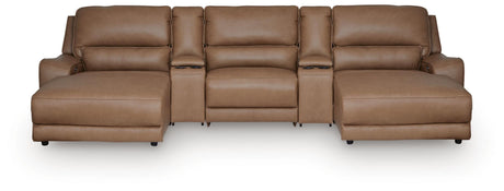 DeepWakes Caramel 5-Piece Reclining Sectional with Double Chaise and Storage Consoles from Ashley - Luna Furniture