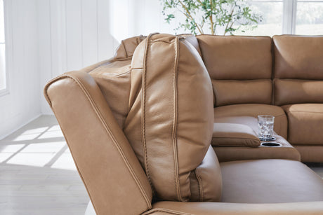DeepWakes Caramel 7-Piece Reclining Sectional with Chaise and Storage Consoles from Ashley - Luna Furniture