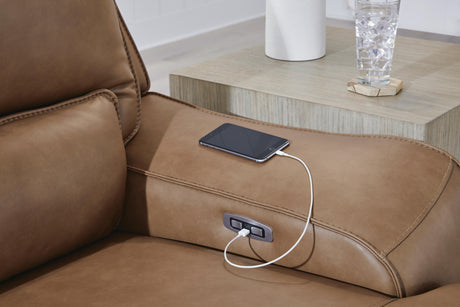 DeepWakes Caramel 7-Piece Reclining Sectional with Chaise and Storage Consoles from Ashley - Luna Furniture
