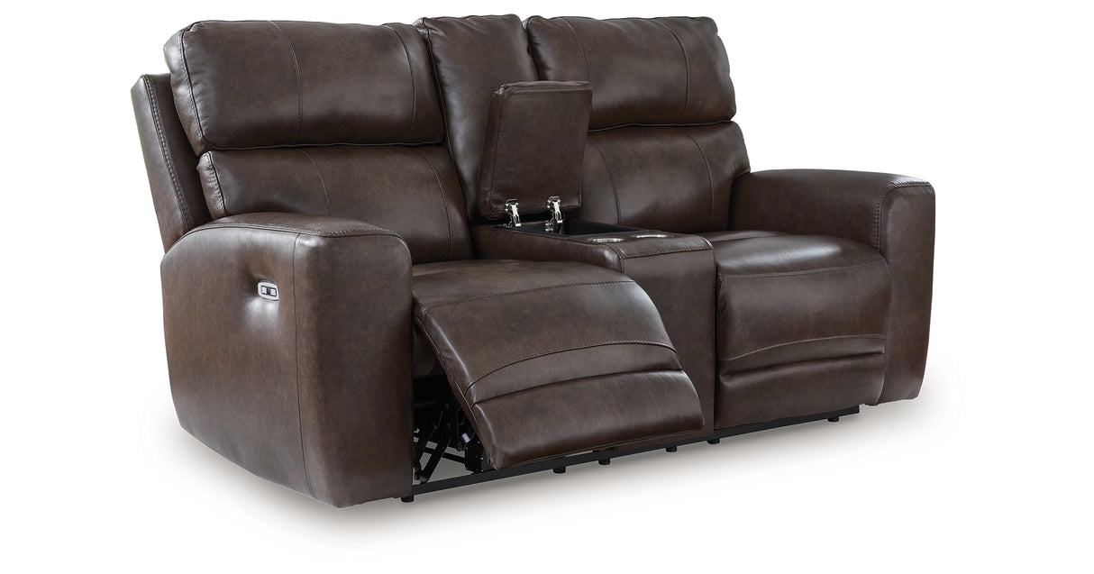 Crossplex Smoke Power Reclining Loveseat with Console from Ashley Furniture - Luna Furniture