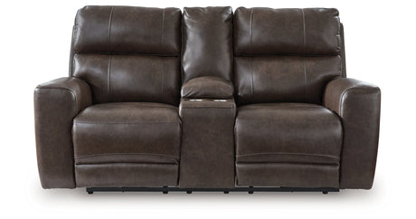 Crossplex Smoke Power Reclining Loveseat with Console from Ashley Furniture - Luna Furniture