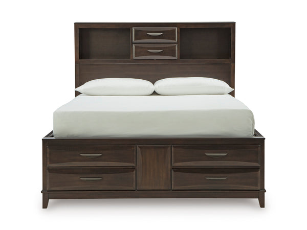 Vanmore Dark Brown Queen Bookcase Storage Platform Bed