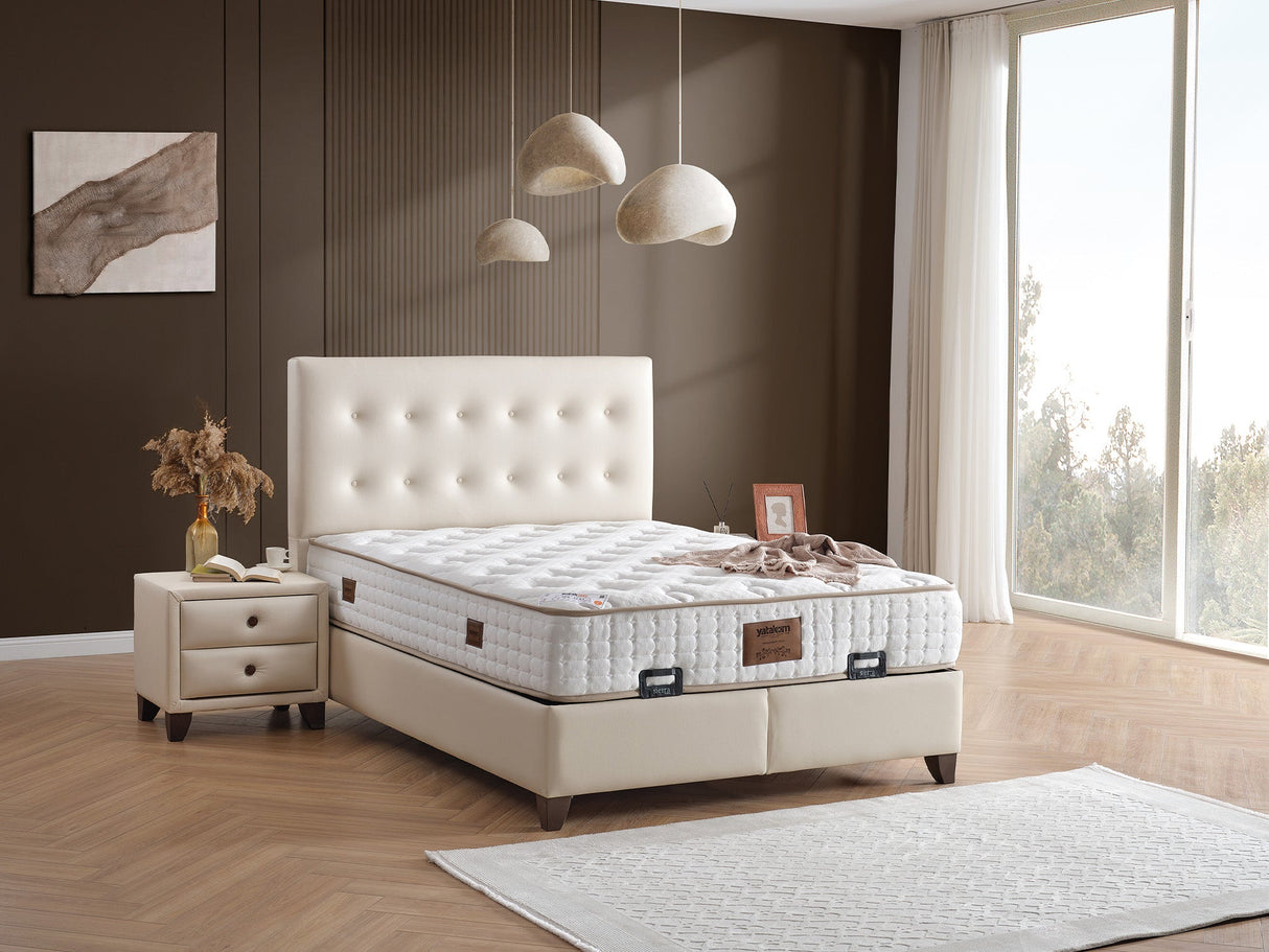 Vella Twin Storage Bed With Headboard in Beige from Furnia - Luna Furniture