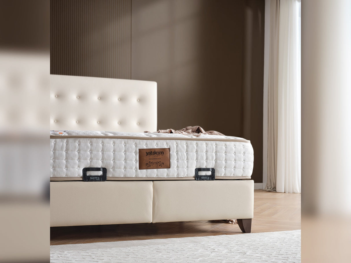 Vella Queen Storage Bed With Headboard in Beige from Furnia - Luna Furniture