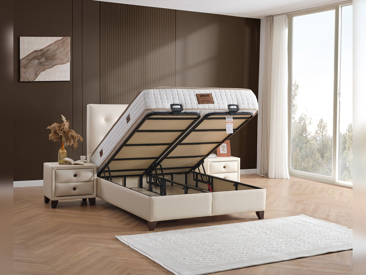 Vella Twin Storage Bed With Headboard in Beige from Furnia - Luna Furniture