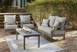 Visola Gray Outdoor Loveseat, 2 Lounge Chairs and Coffee Table from Ashley - Luna Furniture