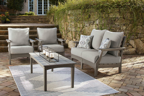 Visola Gray Outdoor Loveseat, 2 Lounge Chairs and Coffee Table from Ashley - Luna Furniture