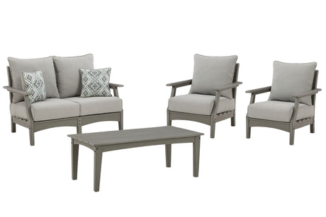 Visola Outdoor Loveseat and 2 Lounge Chairs with Coffee Table in Gray from Ashley - Luna Furniture