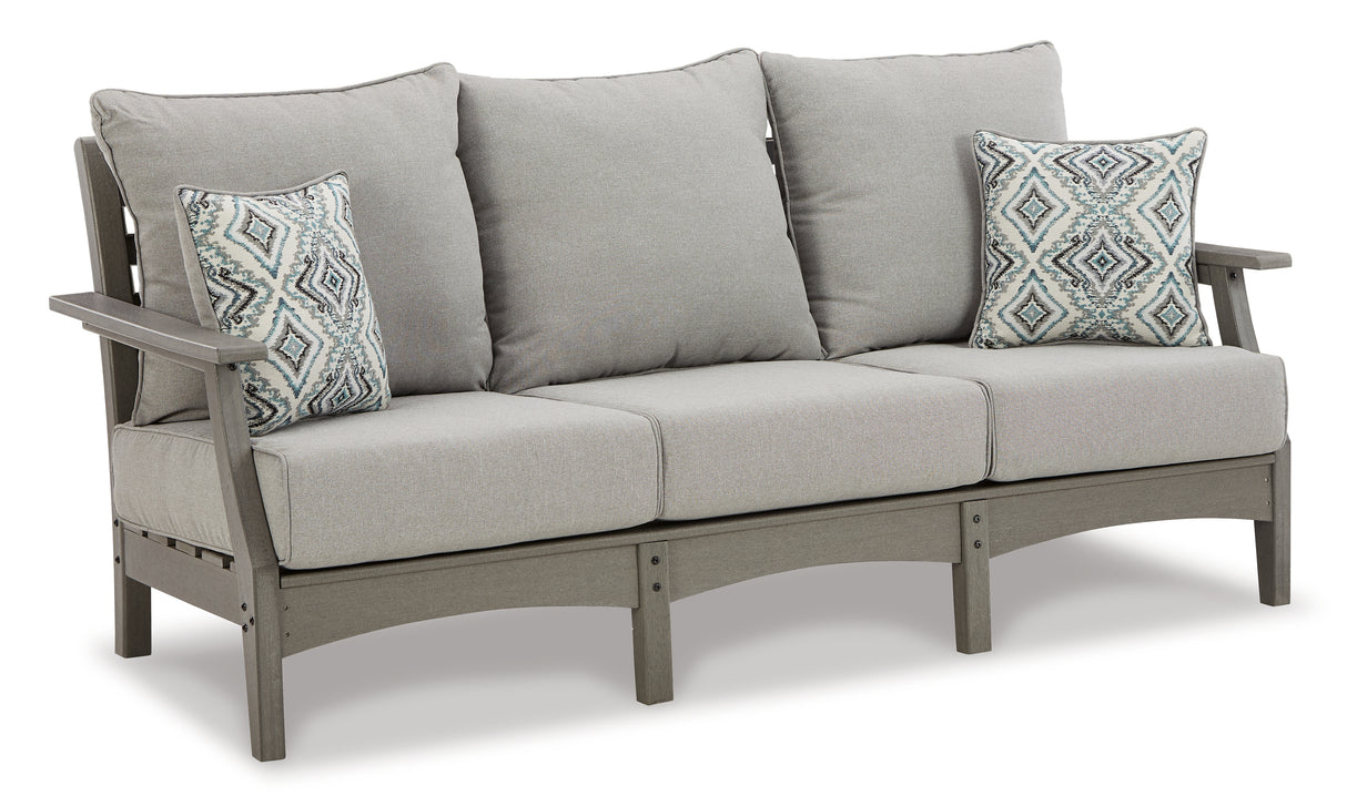 Visola Outdoor Sofa and 2 Lounge Chairs with Coffee Table and 2 End Tables in Gray from Ashley Furniture - Luna Furniture