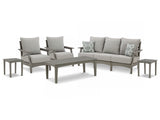 Visola Outdoor Sofa and 2 Lounge Chairs with Coffee Table and 2 End Tables in Gray from Ashley Furniture - Luna Furniture