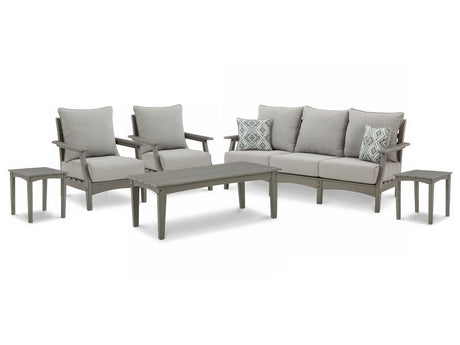 Visola Outdoor Sofa and 2 Lounge Chairs with Coffee Table and 2 End Tables in Gray from Ashley - Luna Furniture