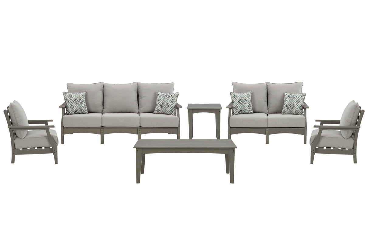 Visola Outdoor Sofa and Loveseat with 2 Lounge Chairs and End Table in Gray from Ashley Furniture - Luna Furniture