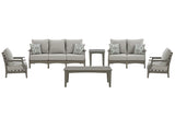 Visola Outdoor Sofa and Loveseat with 2 Lounge Chairs and End Table in Gray from Ashley Furniture - Luna Furniture