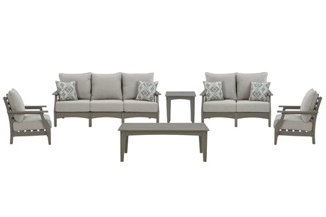Visola Outdoor Sofa and Loveseat with 2 Lounge Chairs and End Table in Gray from Ashley - Luna Furniture