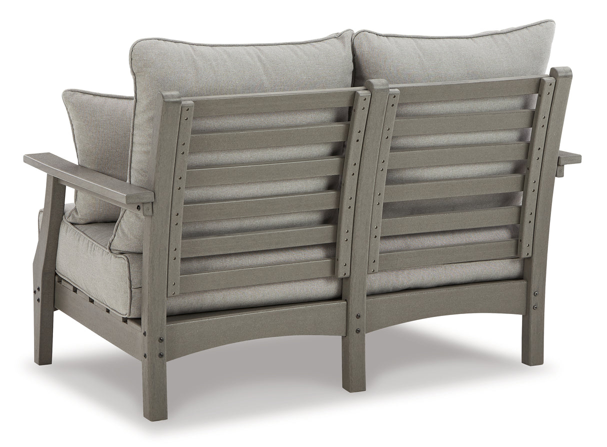 Visola Outdoor Sofa and Loveseat with 2 Lounge Chairs and End Table in Gray from Ashley Furniture - Luna Furniture