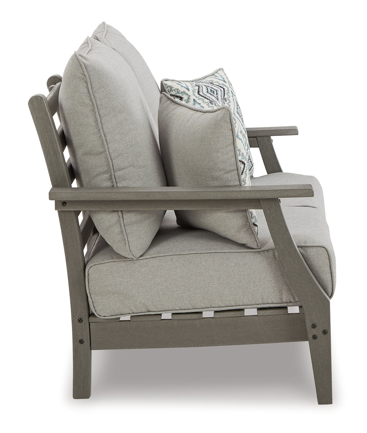 Visola Outdoor Sofa and Loveseat with 2 Lounge Chairs and End Table in Gray from Ashley Furniture - Luna Furniture