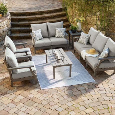 Visola Outdoor Sofa and Loveseat with 2 Lounge Chairs and End Table in Gray from Ashley - Luna Furniture