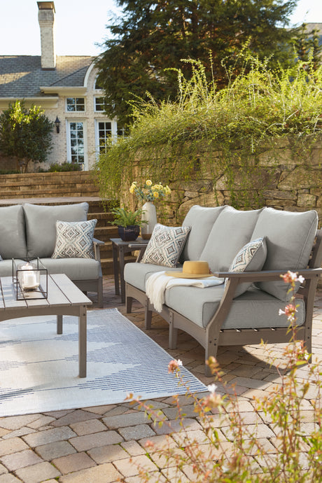 Visola Outdoor Sofa and Loveseat with Coffee Table in Gray from Ashley - Luna Furniture