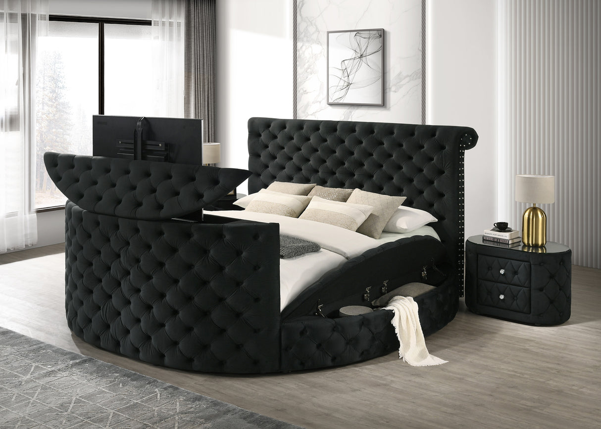 Voltare Black Queen Upholstered Fireplace Bed with TV Lift from Crown Mark - Luna Furniture