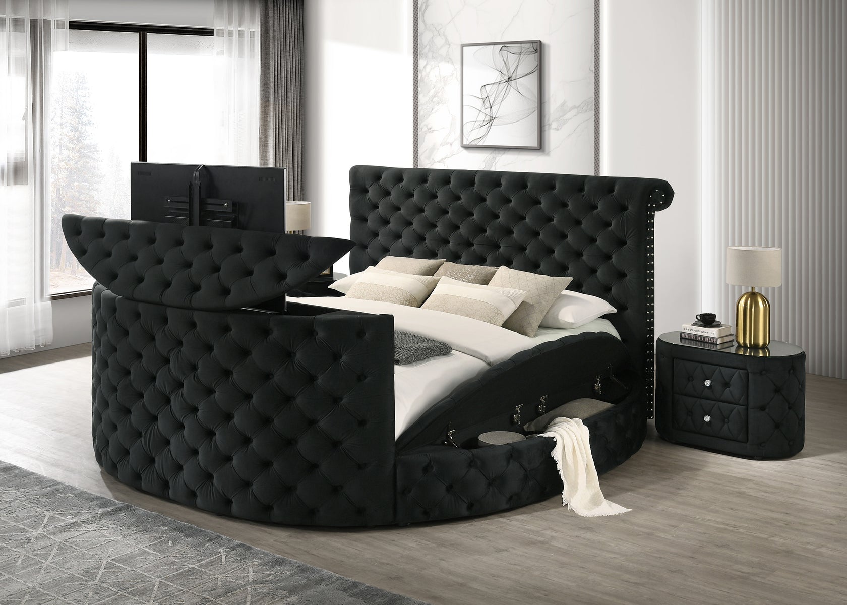 Voltare Black Queen Upholstered Fireplace Bed with TV Lift from Crown Mark - Luna Furniture